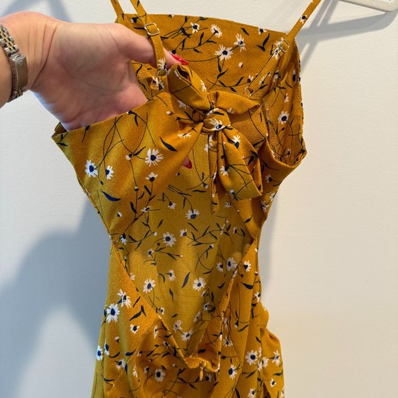 Mustard Yellow Floral Wrap Dress - Picture 2 of 5